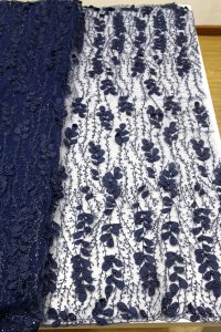 tecido de renda floral 3d azul marinho frisado