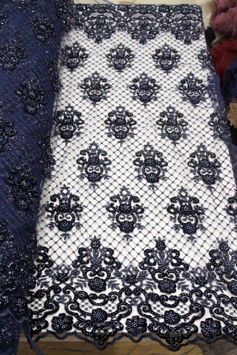 navy blue velvet beaded handwork lace fabric