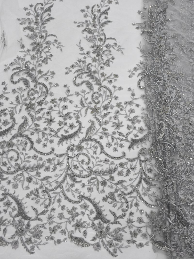 silver beaded lace fabric