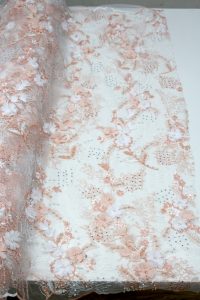 peach beaded 3d floral lace fabric