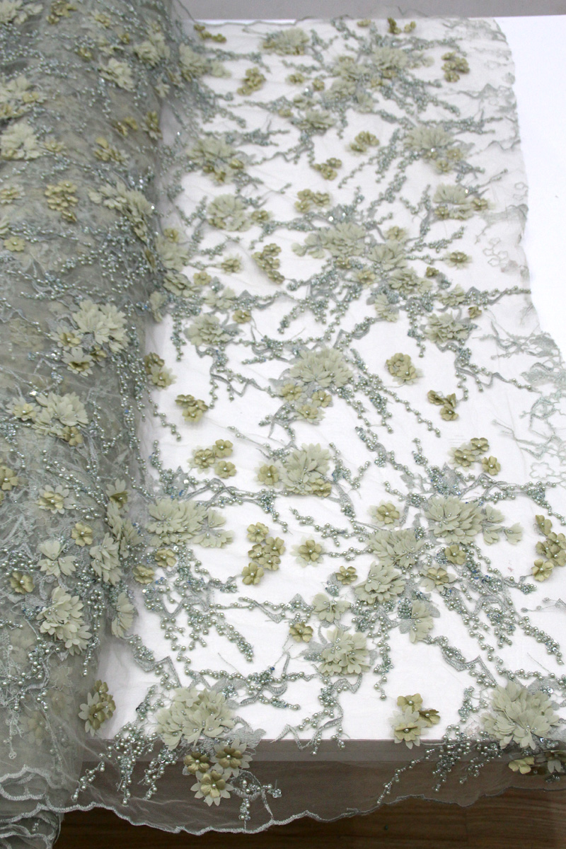 tecidos de renda verde floral frisada