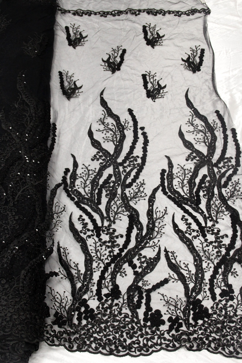tissu de robe noire beaed tissus de dentelle florale 3d