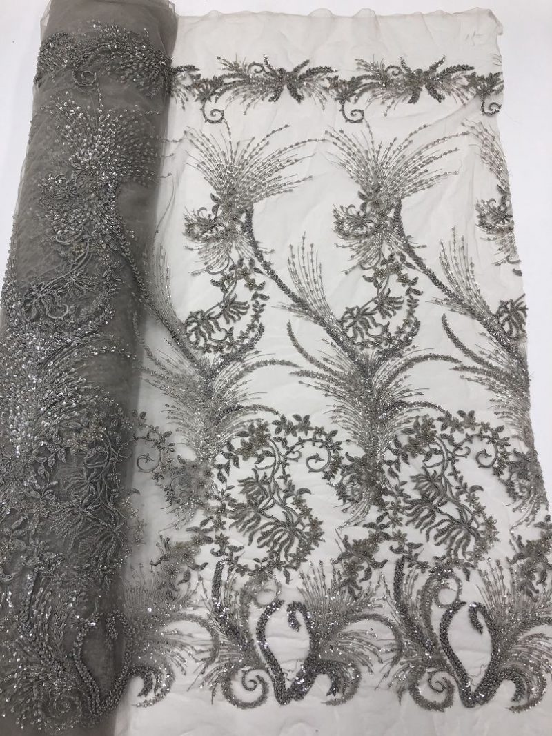 ash grey silver beaded lace fabric