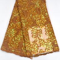 Tissu de dentelle de paillettes de maille perlée africaine pour la robe de soirée de soirée de luxe Champagne brillant paillettes d'or Tulle