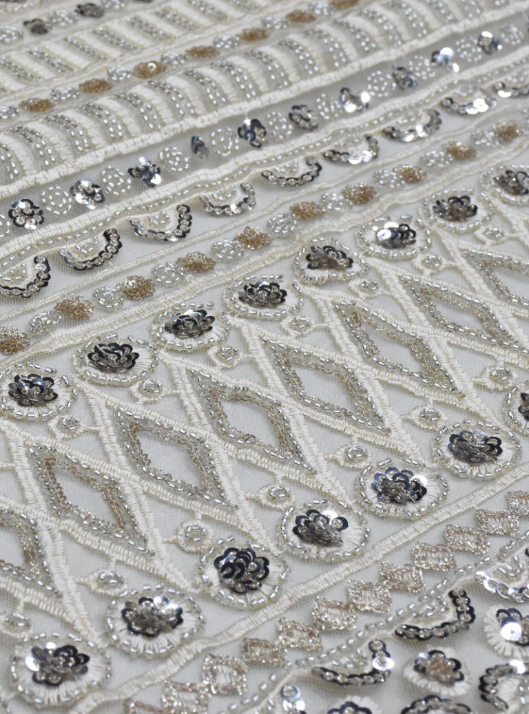 beige handwork beaded sequins lace fabric - Top-One