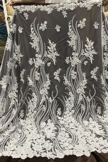 Tecido de renda off-white para casamento de noiva bordado em tecido de renda com miçangas
