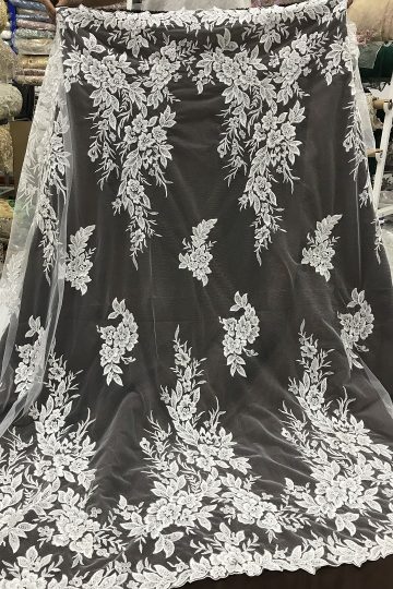 tela de encaje con cuentas de bordado de tela de encaje de boda nupcial blanquecino