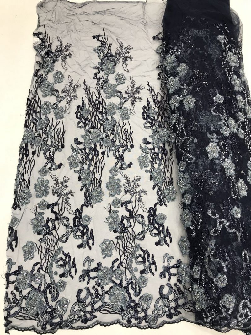 tissu de dentelle de robe de fleur 3d bleu marine