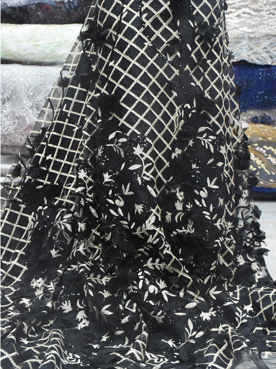 black feather lace design handwork lace fabric - Top-One